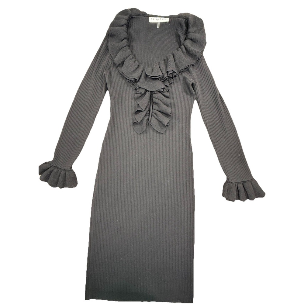 Trina Turk Sweater Dress Womens Medium Black Ruffle Midi Long Sleeve Wool